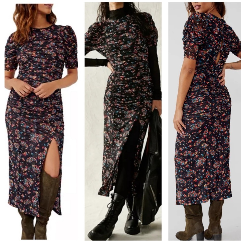 Free People Brielle Ruched Midi Dress Twilight XS Side Slit Semi-Sheer Stretchy